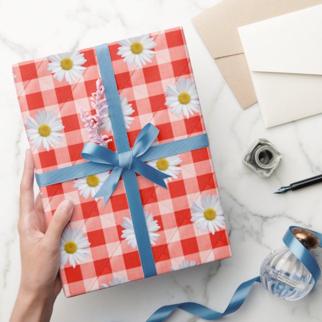 White Daisies on Red and White Gingham Wrapping Paper (Gifting)
