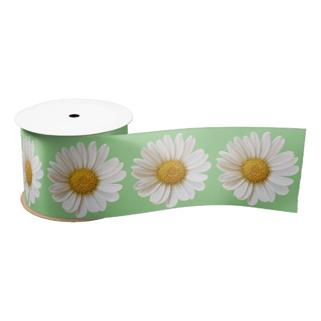 White Daisies on Sage Green Satin Ribbon (Spool)