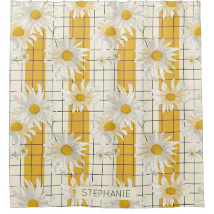 White Daisies on Yellow Striped Grid Background