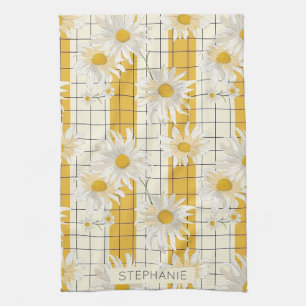 White Daisies on Yellow Striped Grid Background Kitchen Towel