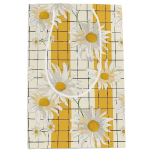 White Daisies on Yellow Striped Grid Background Medium Gift Bag