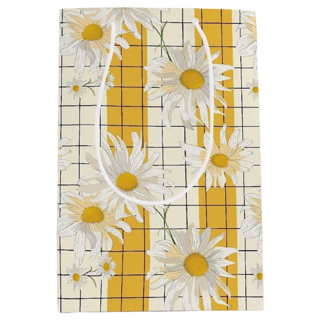 White Daisies on Yellow Striped Grid Background Medium Gift Bag (Front)