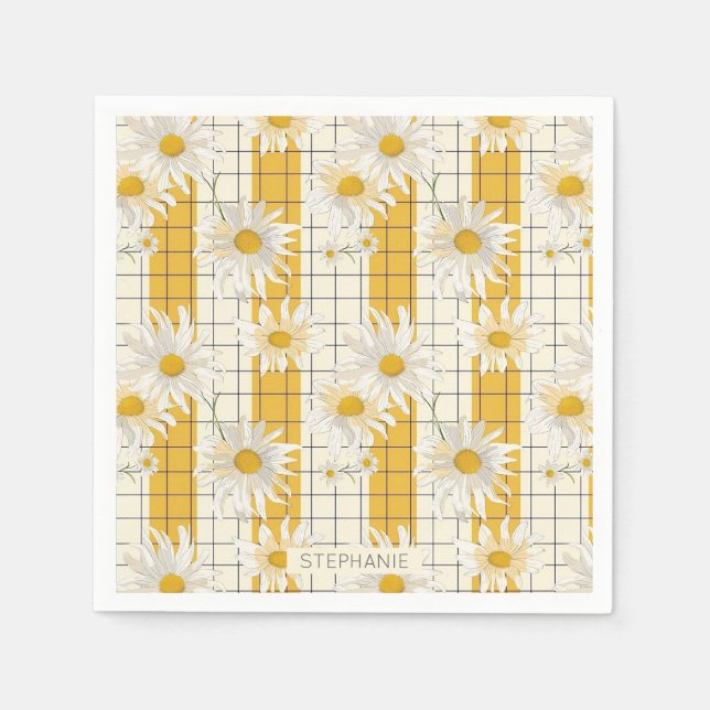 White Daisies on Yellow Striped Grid Background Napkin (Front)