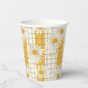 White Daisies on Yellow Striped Grid Background Paper Cups