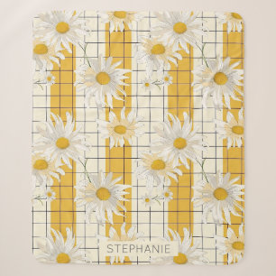 White Daisies on Yellow Striped Grid Background Sherpa Blanket