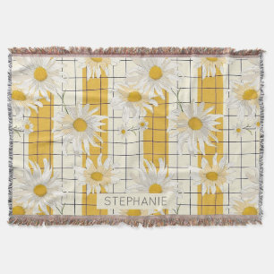 White Daisies on Yellow Striped Grid Background Throw Blanket
