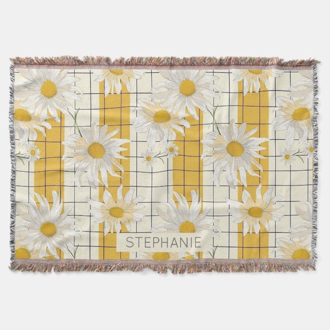 White Daisies on Yellow Striped Grid Background Throw Blanket (Front)