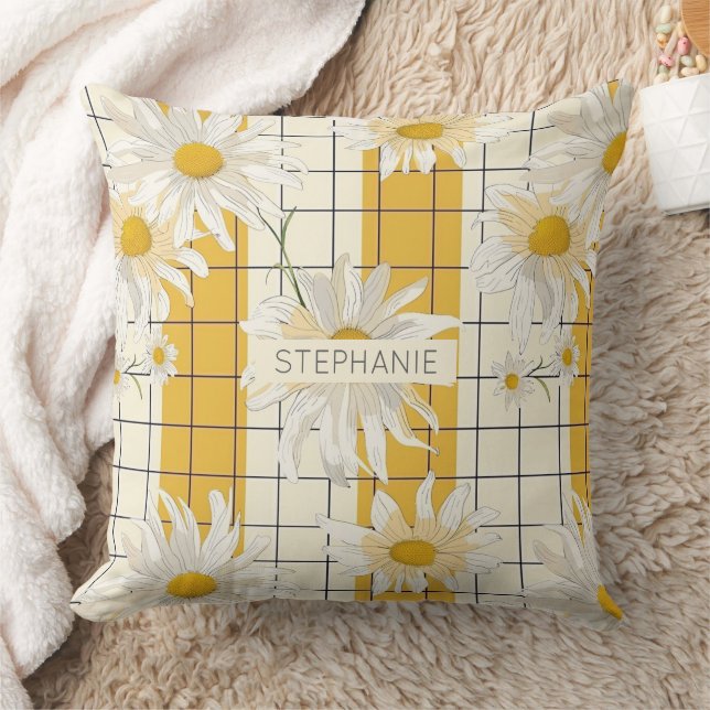 White Daisies on Yellow Striped Grid Background Throw Pillow (Blanket)