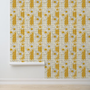 White Daisies on Yellow Striped Grid Background Wallpaper