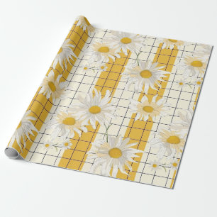 White Daisies on Yellow Striped Grid Background Wrapping Paper