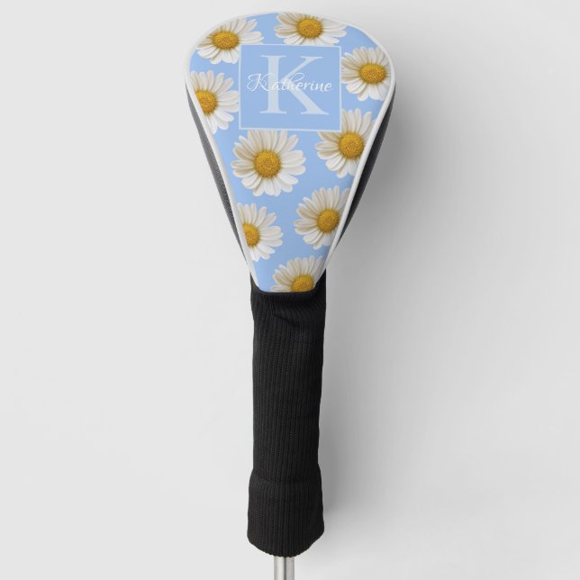 White Daisies Pattern Blue Monogram Golf Head Cover (Front)