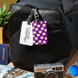 White Daisies Pattern In Purple Travel Quote Luggage Tag
