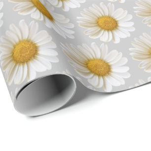 White Daisies Pattern Light Gray Wrapping Paper
