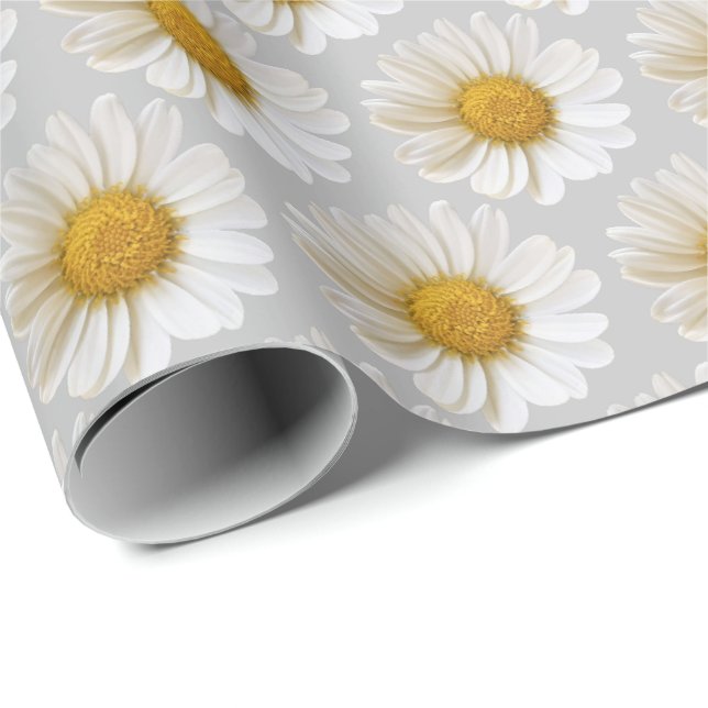 White Daisies Pattern Light Grey Wrapping Paper (Roll Corner)