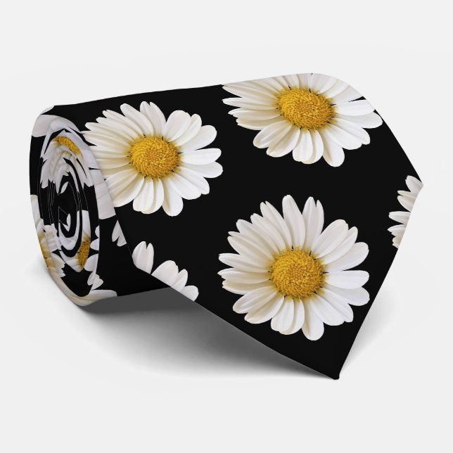 White Daisies Pattern on Black Neck Tie (Rolled)