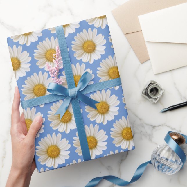 White Daisies Pattern on Blue Background Wrapping Paper (Gifting)