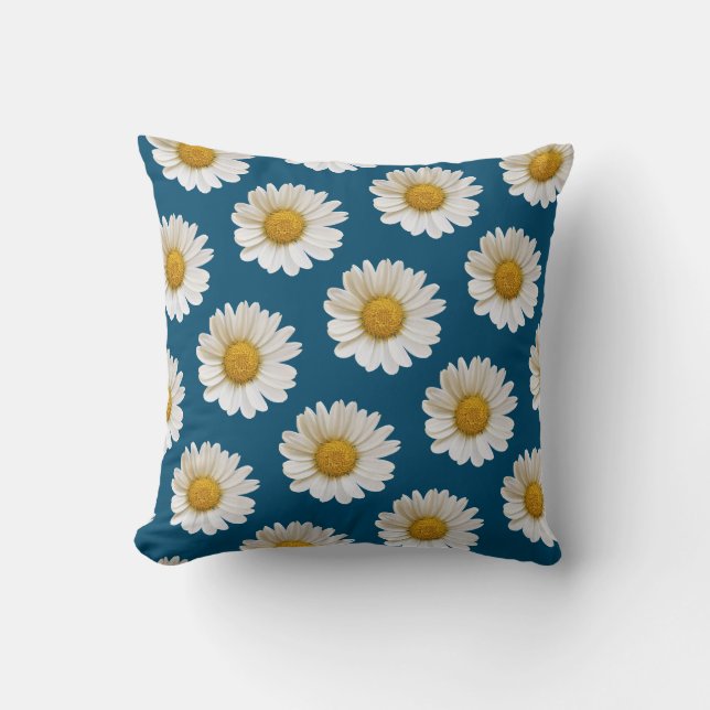 White Daisies Pattern on Ocean Blue Throw Pillow (Front)