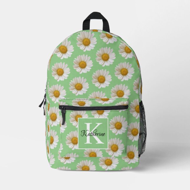White Daisies Sage Green Monogram Printed Backpack (Front)