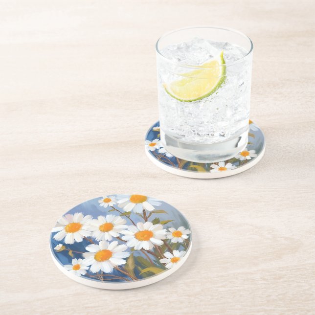 White Daisies Watercolor Flowers Painted Coaster (Side)