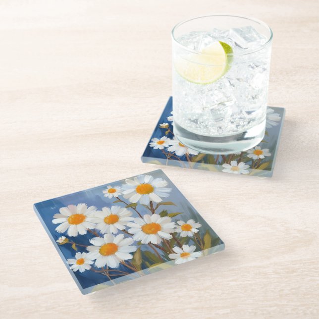 White Daisies Watercolor Flowers Painted Glass Coaster (Angled)