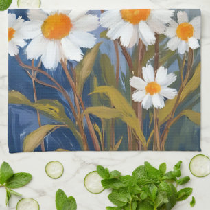 White Daisies Watercolor Flowers Painted Kitchen Towel