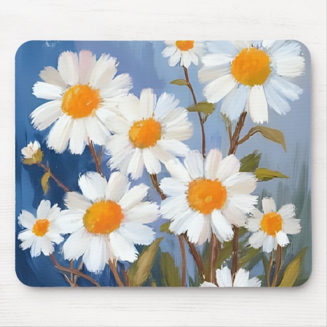 White Daisies Watercolor Flowers Painted Mouse Pad (Front)