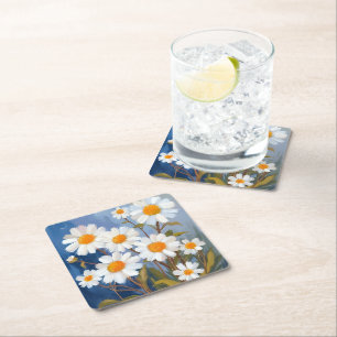 White Daisies Watercolor Flowers Painted Square Paper Coaster