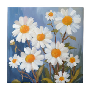 White Daisies Watercolor Flowers Painted Tile