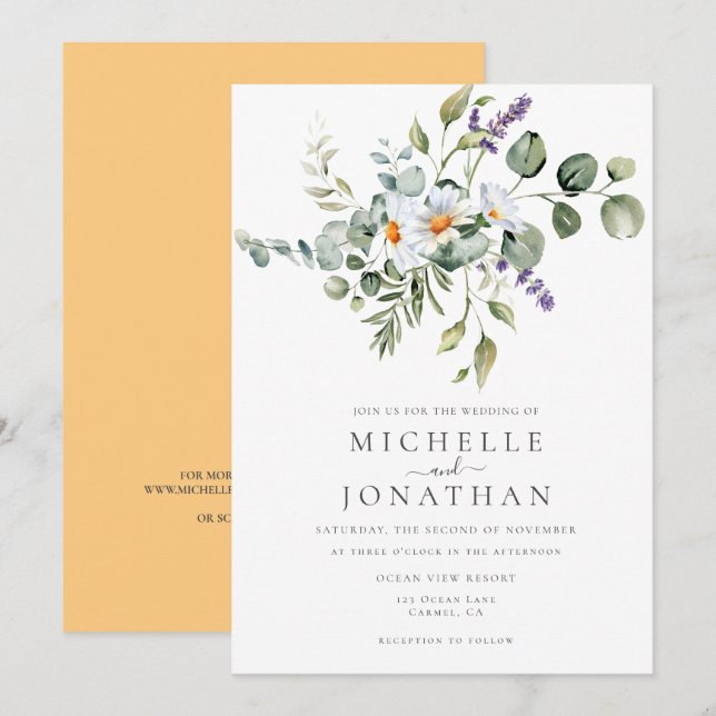 White Daisies Wedding  Invitation with QR Code (Front/Back)