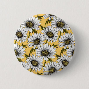 White daisies, wild flowers on yellow 2 inch round button