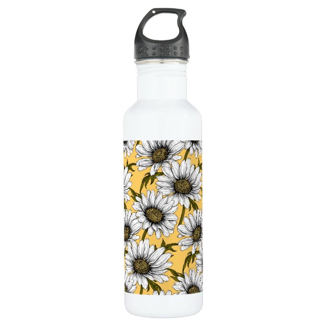 White daisies, wild flowers on yellow 710 ml water bottle (Front)