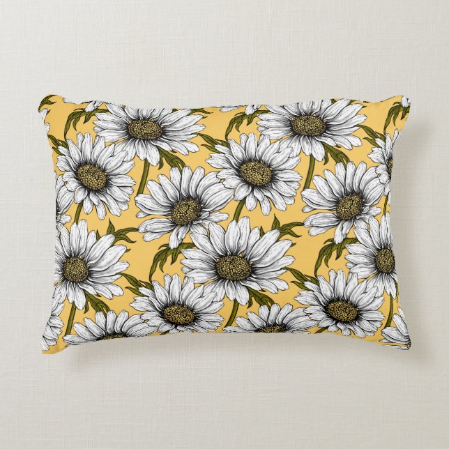 White daisies, wild flowers on yellow accent pillow (Front)