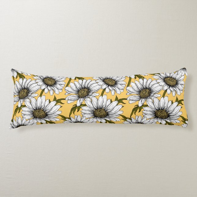 White daisies, wild flowers on yellow body pillow (Front)