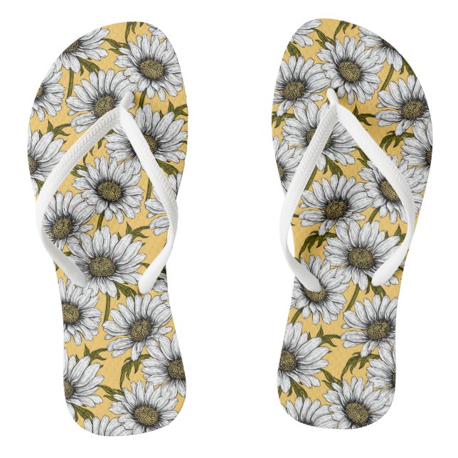 White daisies, wild flowers on yellow flip flops (Footbed)