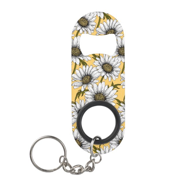 White daisies, wild flowers on yellow keychain bottle opener (Front)