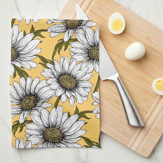 White daisies, wild flowers on yellow kitchen towel (Quarter Fold)