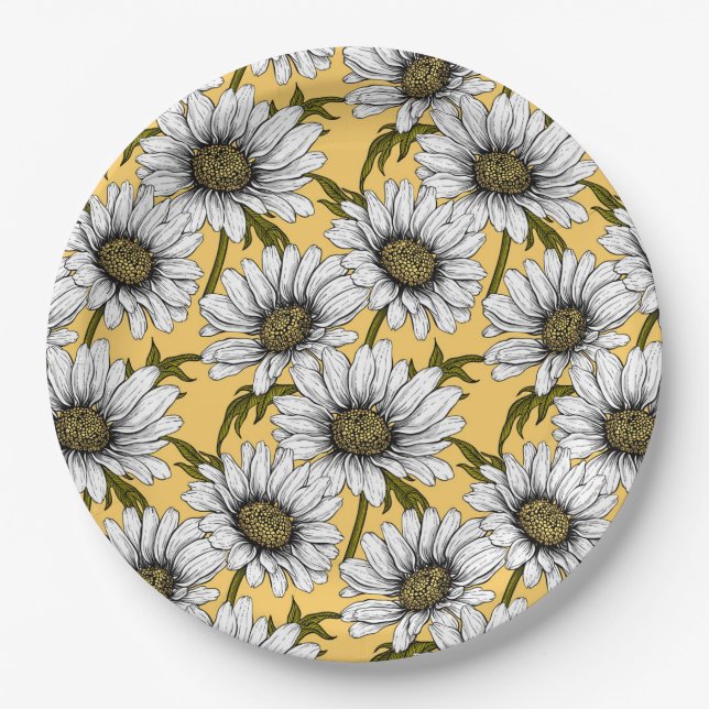 White daisies, wild flowers on yellow paper plate (Front)