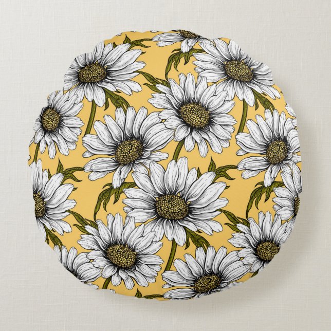 White daisies, wild flowers on yellow round pillow (Front)