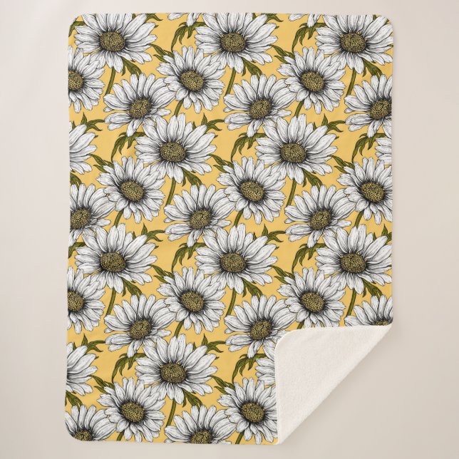 White daisies, wild flowers on yellow sherpa blanket (Front)