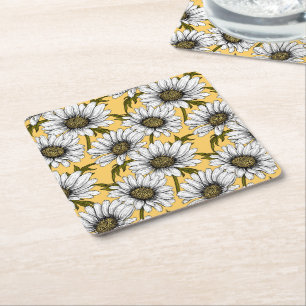 White daisies, wild flowers on yellow square paper coaster