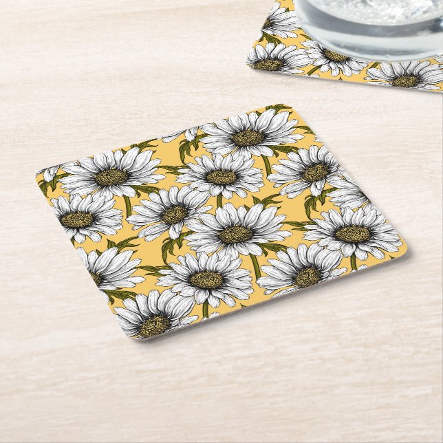 White daisies, wild flowers on yellow square paper coaster (Angled)