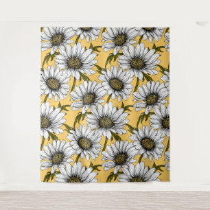 White daisies, wild flowers on yellow tapestry