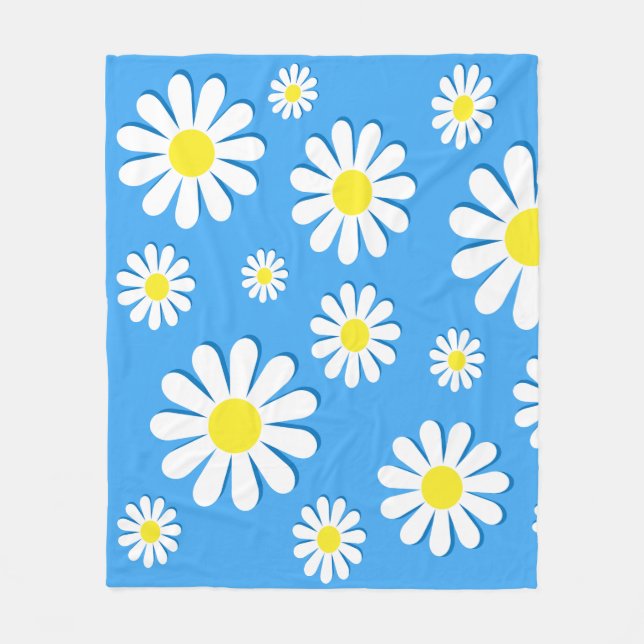 White Daisies with a blue background Fleece Blanket (Front)