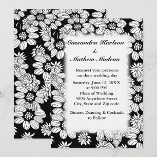 White Daisies with Black Background Wedding Invitation