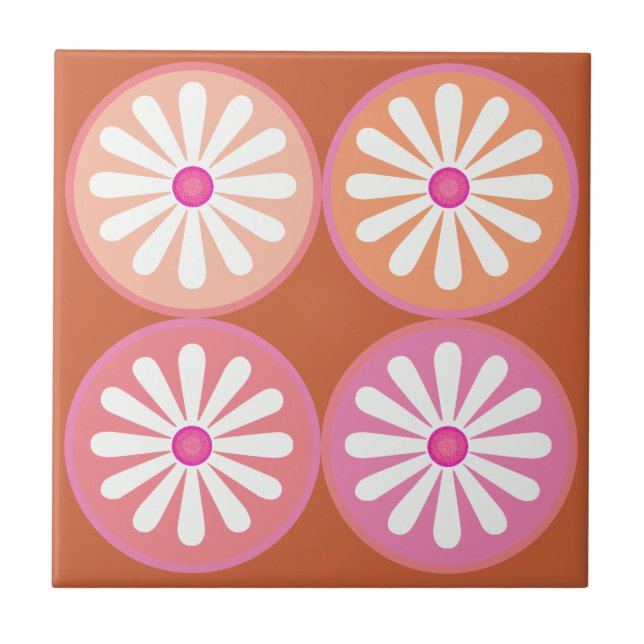 White daisies with pink circles on moderate orange tile (Front)