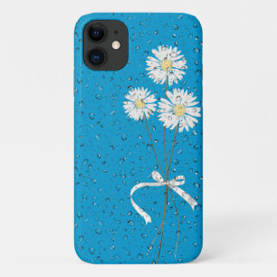 white daisies with raindrops on aqua iPhone 11 case