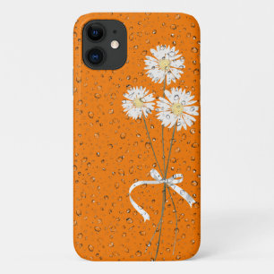 white daisies with raindrops on orange iPhone 11 case