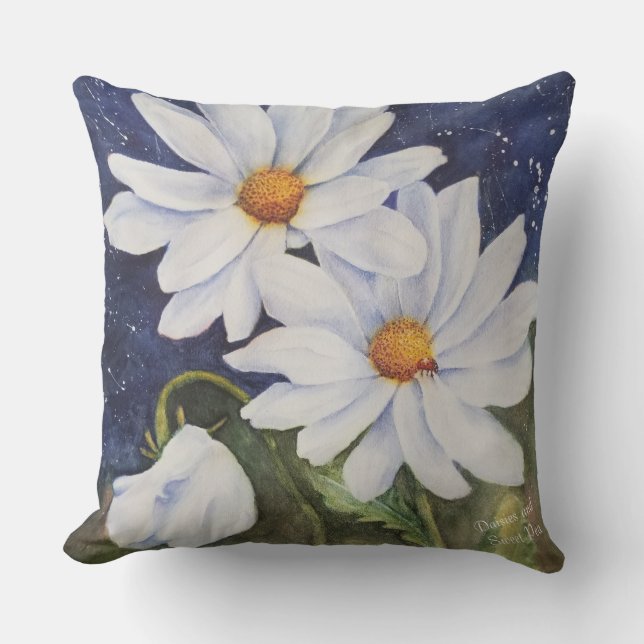 WHITE DAISIES with WHITE SWEET PEA FLOWER PATIO Outdoor Pillow (Front)