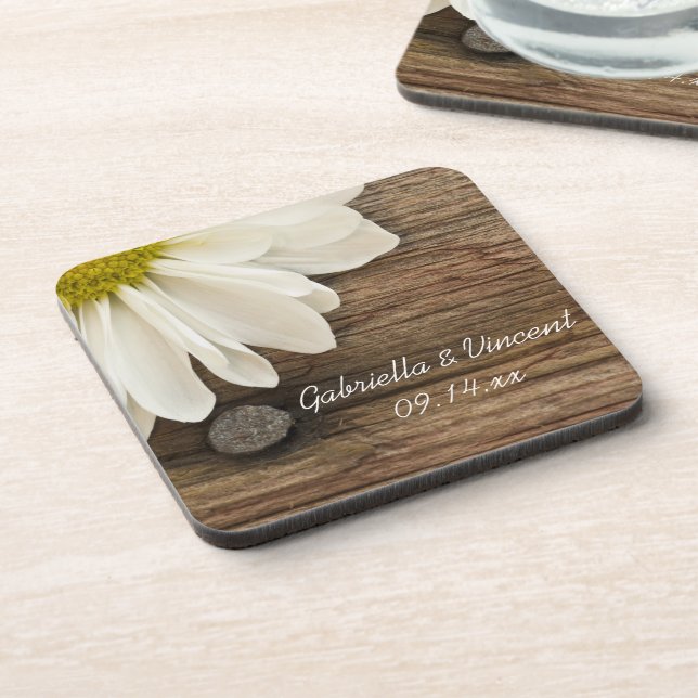White Daisy and Barn Wood Country Wedding Coaster (Left Side)