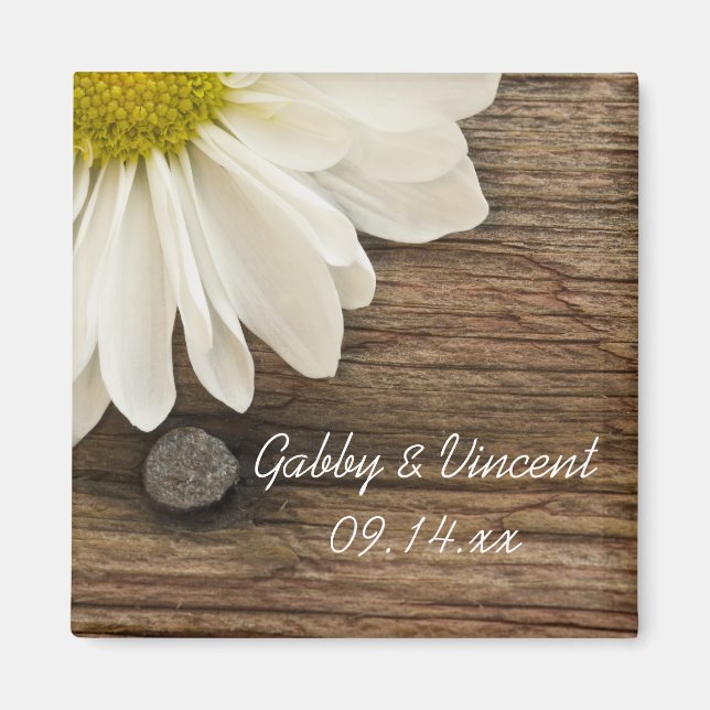 White Daisy and Barn Wood Country Wedding Magnet (Front)